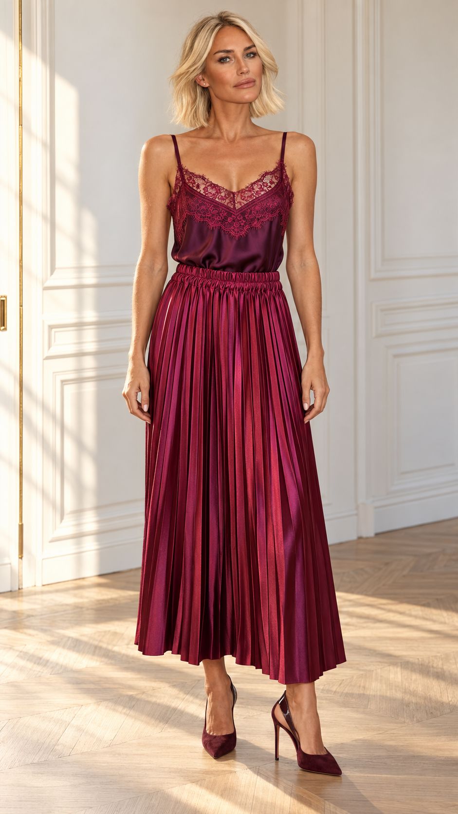 METALLIC MUSE PLEATED SKIRT - BORDEAUX Bottoms, Jeans & Skirts Cafe 