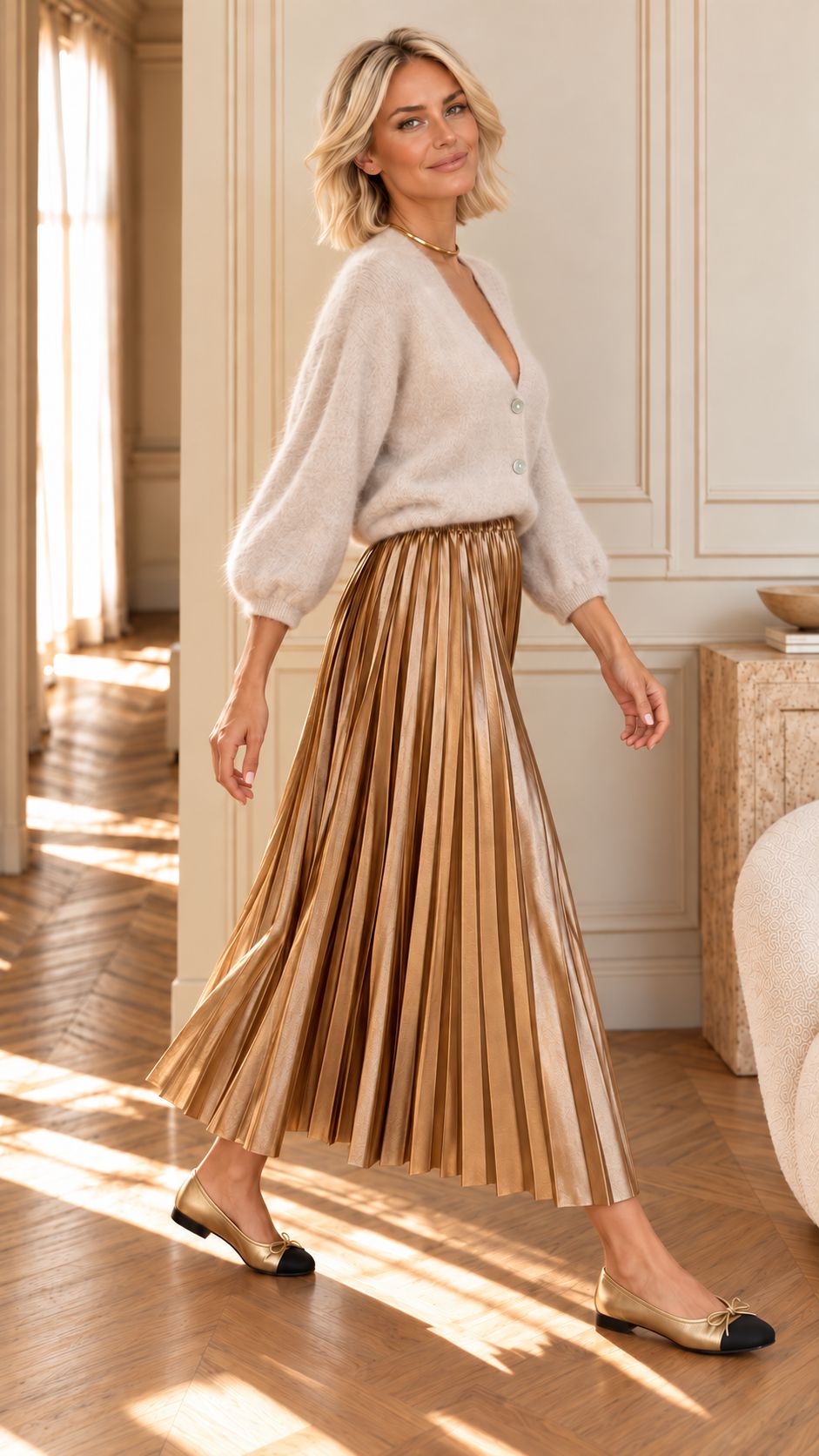 METALLIC MUSE PLEATED SKIRT - GOLD Bottoms, Jeans & Skirts Cafe 