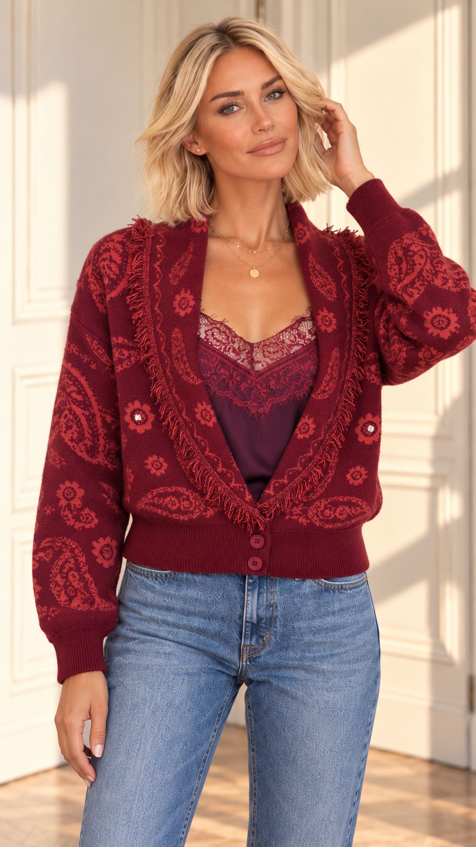 VESPER LACE TRIM CAMI IN BORDEAUX Tops & Jumpers Cafe 