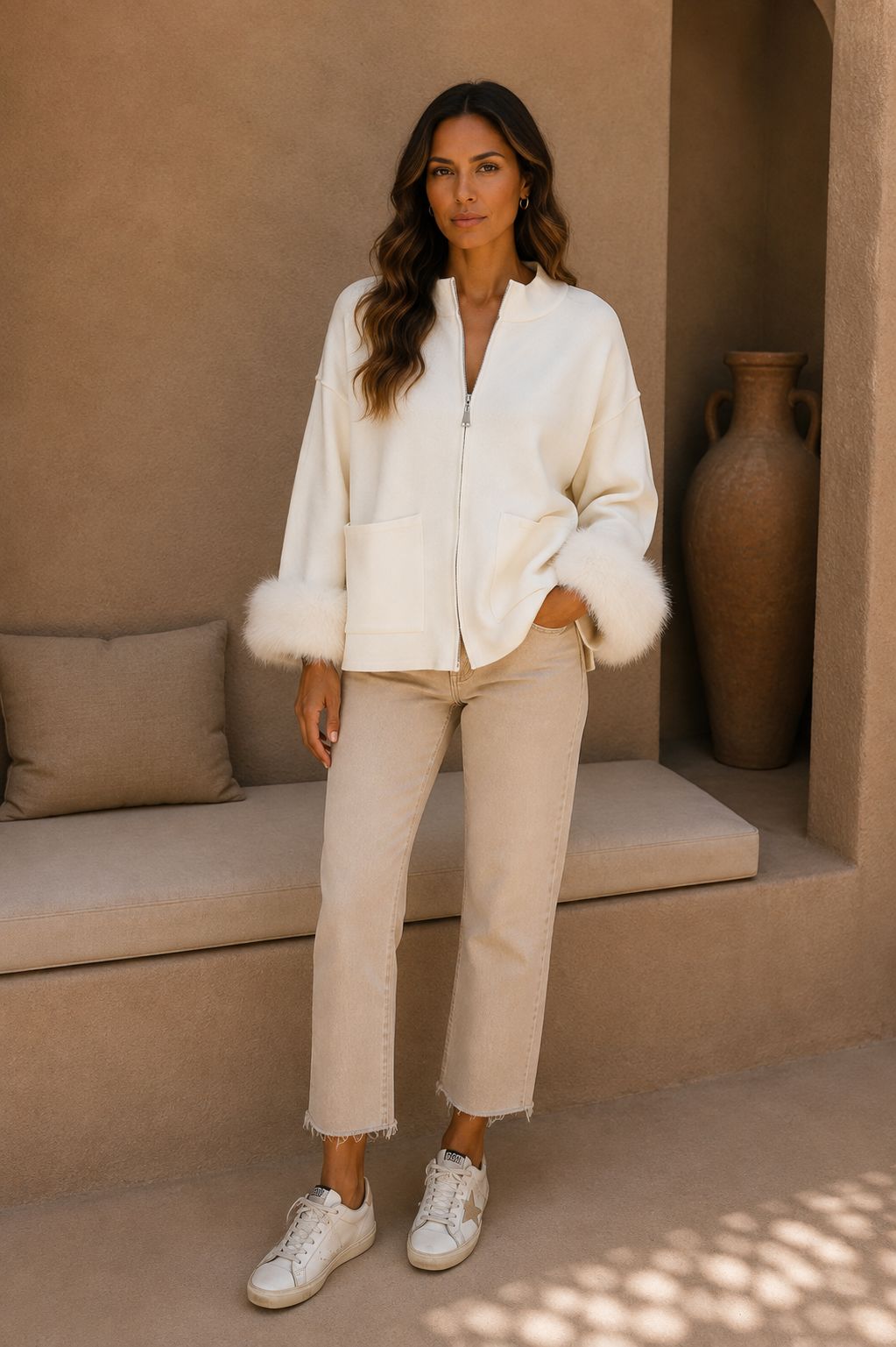 THE ALESSIA FUR CUFF JACKET - IVORY Knitwear Mia Charm 